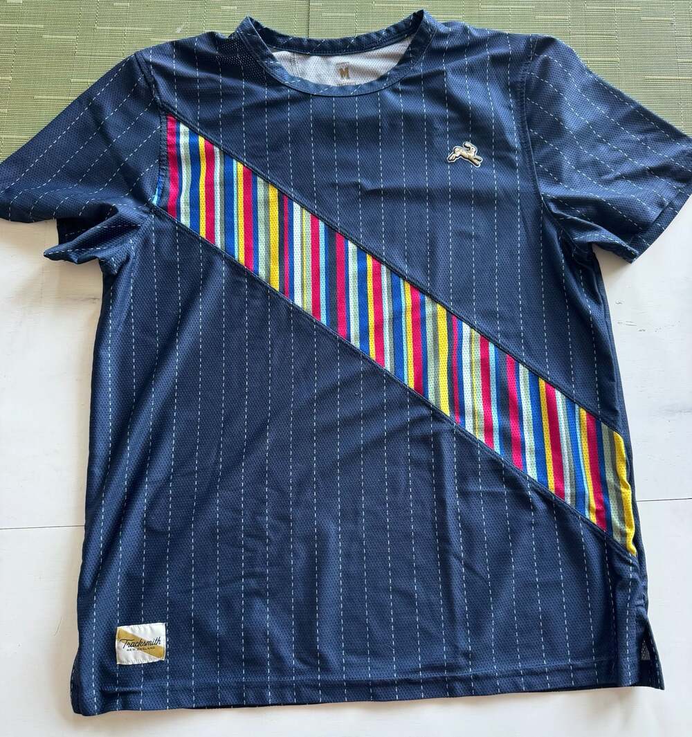 Tracksmith Women's Van Cortlandt Running Tee Navy with Rainbow Sash